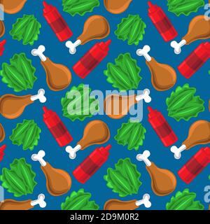 Seamless pattern with fried chicken, salad and ketchup Stock Vector