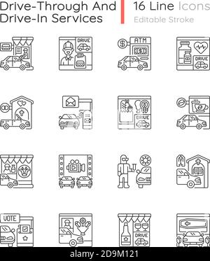 Drive through services linear icons set Stock Vector