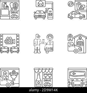 Drive in services linear icons set Stock Vector