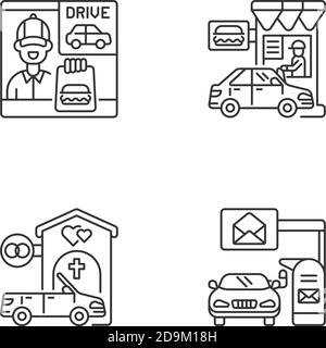 Car in drive thru lane linear icons set Stock Vector