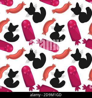 Seamless pattern with cat and tasty sausage Stock Vector