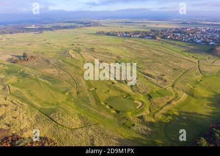 Aerial view of late winter light over Muirfield Golf course in Gullane, East Lothian, Scotland, UK Stock Photo