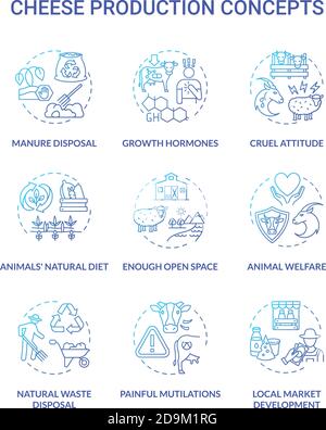 Dairy industry blue gradient concept icons set Stock Vector