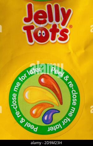 Peel & re-close me for later sticker, peel & reclose me for later, on packet of Rowntrees Jelly Tots sweets Stock Photo