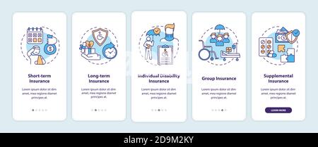 Disability insurance types onboarding mobile app page screen with concepts Stock Vector
