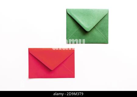 Set of christmas envelopes on white. Top view, flat lay, copy space. Stock Photo