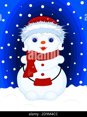 Snowman-a girl in a red hat, scarf. Blue, snowflakes. Vector Stock Vector