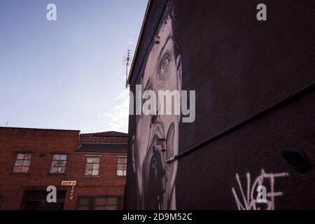 Ian Curtis of Joy Division mural in Manchester's Northern Quarter by artist Akse p19. Stock Photo