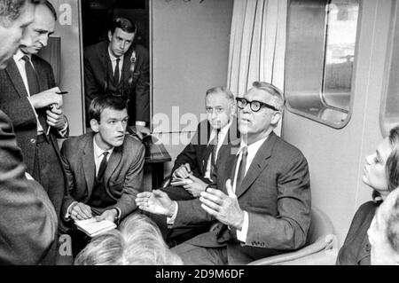 Hollywood couple Cary Grant and Dyan Cannon meet reporters at Southampton Airport in 1966 as the couple arrive in England to visit Grant's mother. Stock Photo