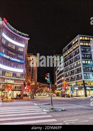 Road junction in Norrmalm at night, Stockholm, Sweden Stock Photo