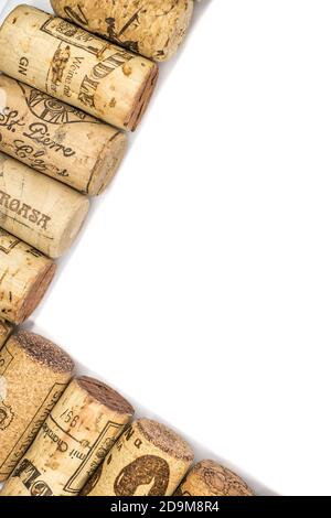 Sibiu city, Romania - April 06, 2020.  Old Used corks plugs from different wine producing countries Stock Photo