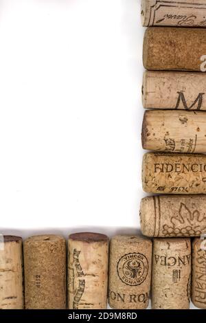 Sibiu city, Romania - April 06, 2020.  Old Used corks plugs from different wine producing countries Stock Photo