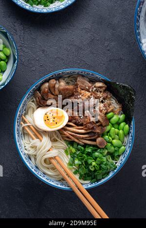 Close view of shio ramen, japanese chicken soup, top view Stock Photo