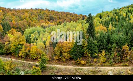 autumn panorama on cloudy day, Fantanele village, Sibiu county, Romania Stock Photo