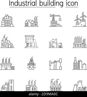 Industrial building, Factory, Plant icon set in thin line style Stock Vector