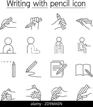 Writing with pencil icon set in thin line style Stock Vector