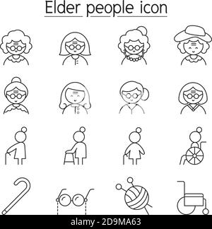 Elder woman, Grandmother icon set in thin line style Stock Vector