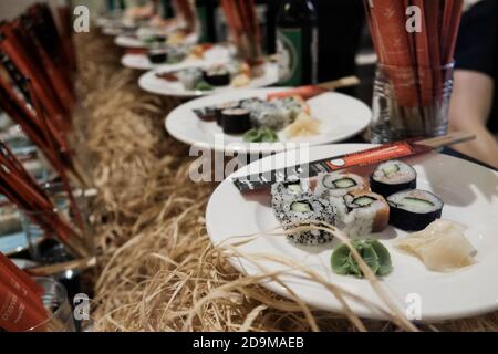 Belek, Turkey - October 2020: Serving delicious sushi for lunch in an all-inclusive hotel. Japanese cuisine for tourists in a restaurant at a resort Stock Photo