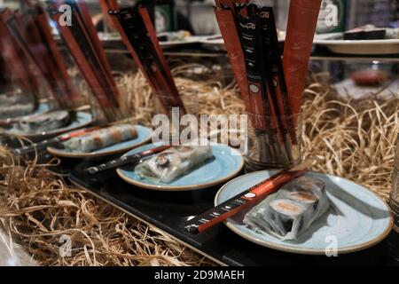 Belek, Turkey - October 2020: Serving delicious sushi for lunch in an all-inclusive hotel. Japanese cuisine for tourists in a restaurant at a resort Stock Photo