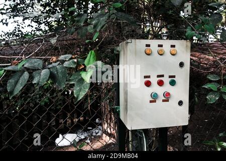 Belek, Turkey -October 2020: Electric control panel in zoological garden. High voltage transformer box with buttons and energy switch. Working current Stock Photo