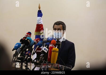 Tunisia. 06th Nov, 2020. French interior minister during a press point in Tunisia interior ministry, Tunis, Tunisia on Nov. 6, 2020. The French Interior minister Gerald Darmanin meets Tunisian interior minister Taoufik Charfeddine. The deportation of people suspected of radicalization and irregular migration will be among the prominent files to be discussed between the two parties.(Photo by Mohamed Krit/ Credit: Sipa USA/Alamy Live News Stock Photo