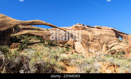 The Delicate-looking Landscape Arch, with partition Arch partly visible in the background, Arches National Park, Utah Stock Photo