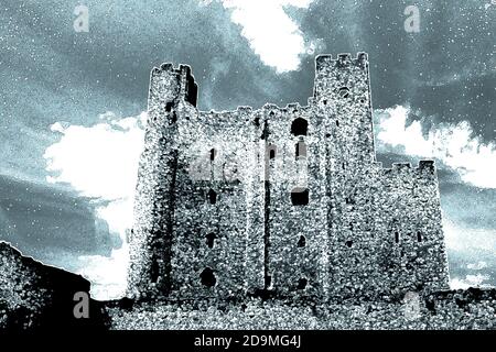 Dramatic digital art of the 12th-century keep or stone tower of Rochester Castle, on bank of the River Medway, in Rochester, Kent, South East England. Stock Photo