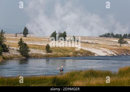 A fly fisherman on the Firehole River in Yellowstone National Park in Wyoming.  Steam rises from the Midway Geyser Basin behind. Stock Photo