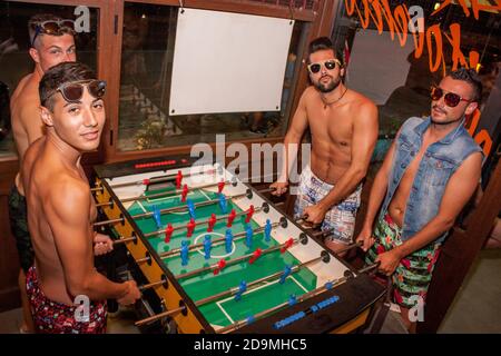 LOREO, ITALY 24 MARCH 2020: Playing table football toghether Stock Photo