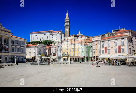 Piran, Istria, Slovenia - Tartini Square and St. George Cathedral in the port city of Piran on the Mediterranean Sea. Stock Photo