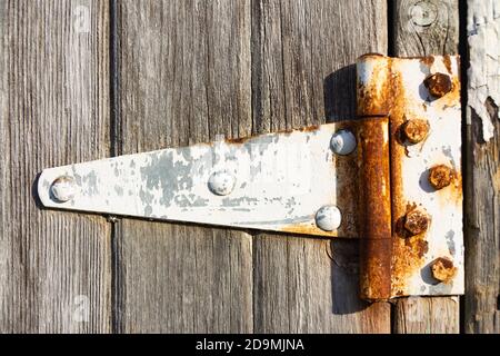 Rusted hinge on old barn door. Stock Photo