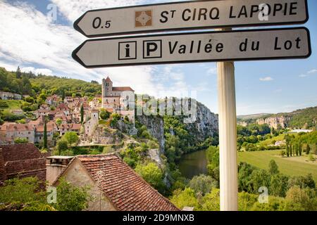 St Cirq Lapopie, poised over the River Lot, was justifiably voted one of the 'most beautiful villages of France'. It is very popular with visitors. Stock Photo