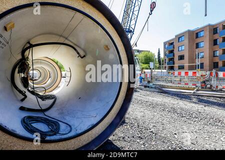 New construction of the Berne sewer, sewer pipes are ready on the construction site for installation during tunneling in the shaft, the Berne belongs to the Emscher river system, was previously an open, above-ground wastewater sewer, Emscher conversion, Essen, Ruhr area, North Rhine-Westphalia, Germany Stock Photo