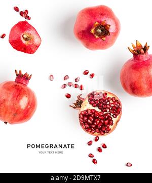 Fresh pomegranate creative layout isolated on white background. Healthy eating and dieting food concept. Winter fruits and berries composition Stock Photo