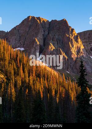 Sunset light on the Needle Mountains from Chicago Basin, Weminuche Wilderness Area, San Juan National Forest between Durango and Silverton, Colorado. Stock Photo