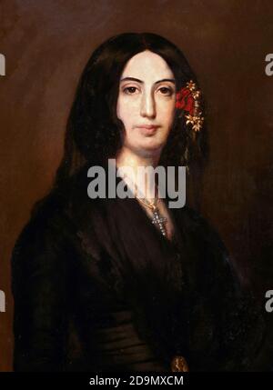 George Sand, portrait after Auguste Charpentier, c. 1838. The French writer, George Sand (Amantine-Lucile-Aurore Dupin: 1804-1876) was famous for her affair with the composer Frederic Chopin. Stock Photo