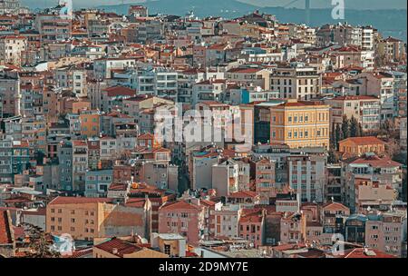 Aerial view of the Istanbul city downtown. City buildings from air. View of Firuzaga and Tomtom areas Stock Photo