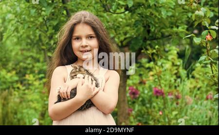 Little girl play with cute kitten cat nature background, playful child concept. Stock Photo