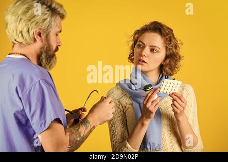 Consultation concept. Pneumonia treatment. Effective medicines. Girl viral disease. Medical check up. Doctor and patient at hospital. Instruction taking medicines. Doctor prescribing treatment. Stock Photo