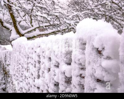 Wooden fence covered with snow - selective focus Stock Photo