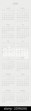 Monthly calendar of year 2026. Week starts on Sunday. Block of months in two columns and six rows vertical arrangement. Simple thin minimalist design. Vector illustration. Stock Vector