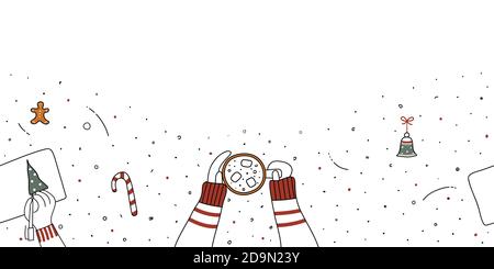 Winter Christmas seamless horizontal romantic border.Female hands holding cup of coffee,latte or cocoa,bell,candy cane,gingerbread man,hand draws Stock Vector