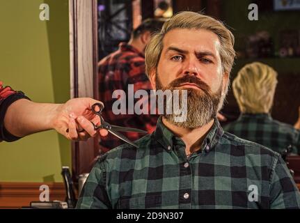 Making hair look magical. hairdresser cutting hair of male client. Hairstylist serving client at barber shop. Personal stylist barber. retro and vintage. Designing haircut. barber tools in barbershop. Stock Photo