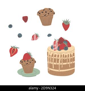 Elegant minimalistic hand drawn tasty layered fruit cake and berries clipart set. Isolated on white background. Stock vector Stock Vector