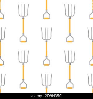 Seamless pattern with cartoon pitchforks on white background. Gardening tool. Vector illustration for any design. Stock Vector