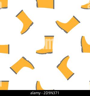 Seamless pattern with cartoon yellow rubber boots on white background. Gardening tool. Vector illustration for any design. Stock Vector
