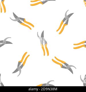 Seamless pattern with cartoon gardening scissors, secateur on white background. Gardening tool. Vector illustration for any design. Stock Vector