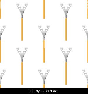 Seamless pattern with cartoon rakes on white background. Gardening tool. Vector illustration for any design. Stock Vector