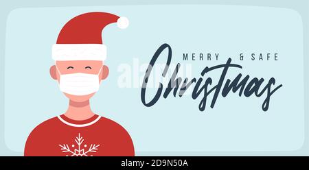 Merry and safe Christmas. Man in Santa Claus hat wearing protective face mask against coronavirus. Christmas during pandemia. Holiday greeting card Xm Stock Vector