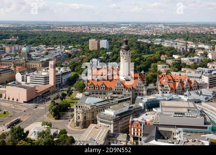 Leipzig, Saxony, Germany, Stadtuebersicht, old town, on the left Catholic Propstei St. Trinitatis, center of the picture new town hall, in the back Johannapark. Stock Photo